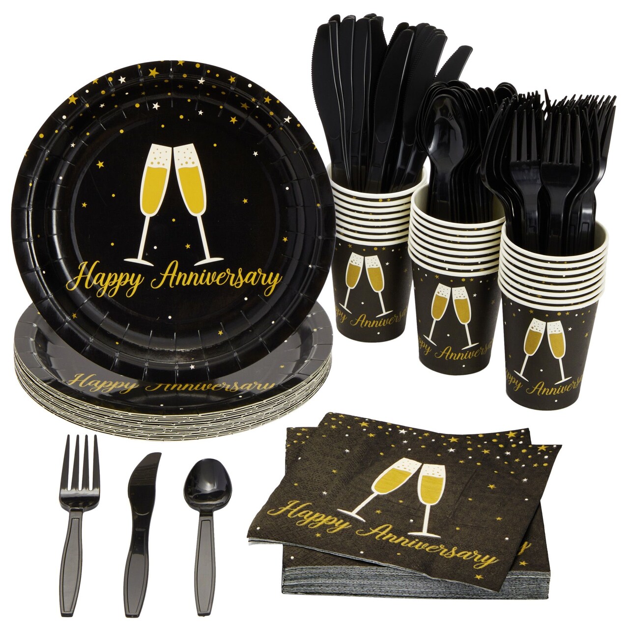 144-Piece Happy Anniversary Party Decorations and Supplies, Includes Plates, Napkins, Cups, and Cutlery, Bulk Set for Wedding, Work, or Milestone Anniversaries (Serves 24 Guests)
